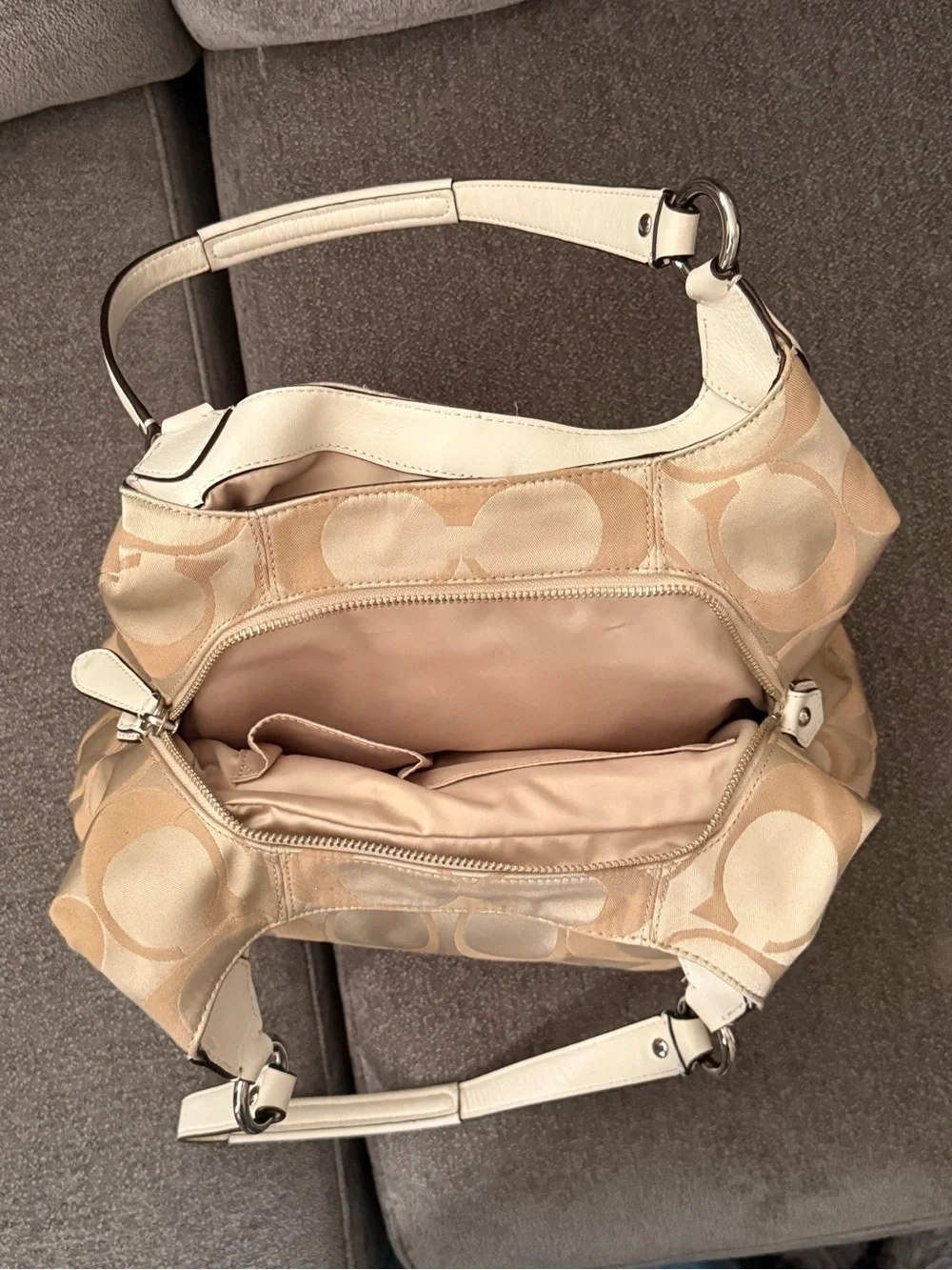 Coach Signature Beige Canvas Shoulder Bag with Cream Leather Trim